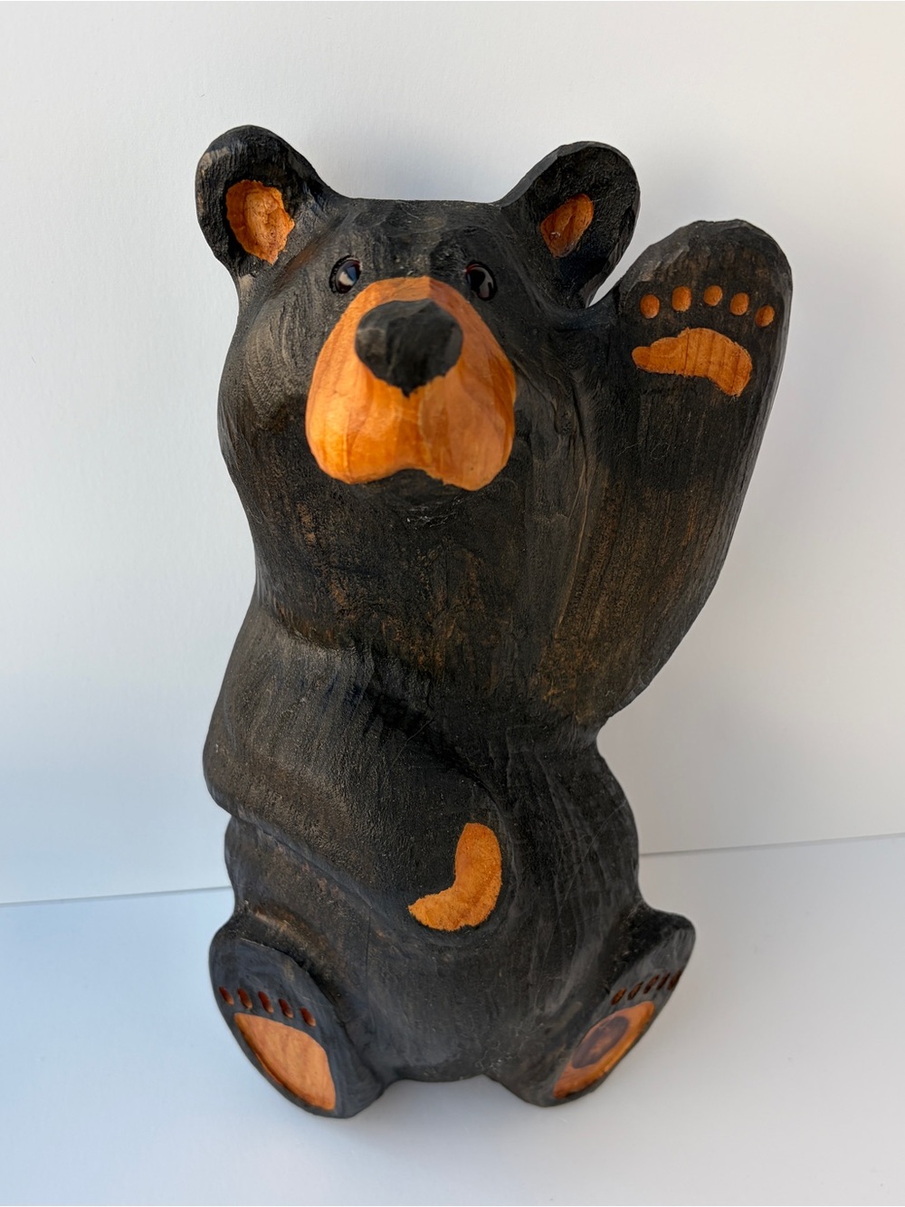 Big Sky Carvers Solid Wood Black Bear Sculpture Western Pine Paw Up Wave 13”